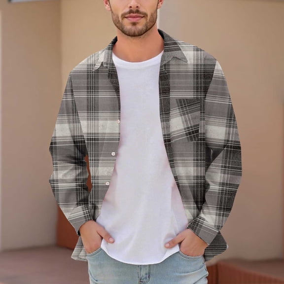 VgaVtl Plaid Shirts for Men Plus Size Long Sleeve Collared Clothes for Men Shirts Button down Cardigan Brown Vacation Shirts,M