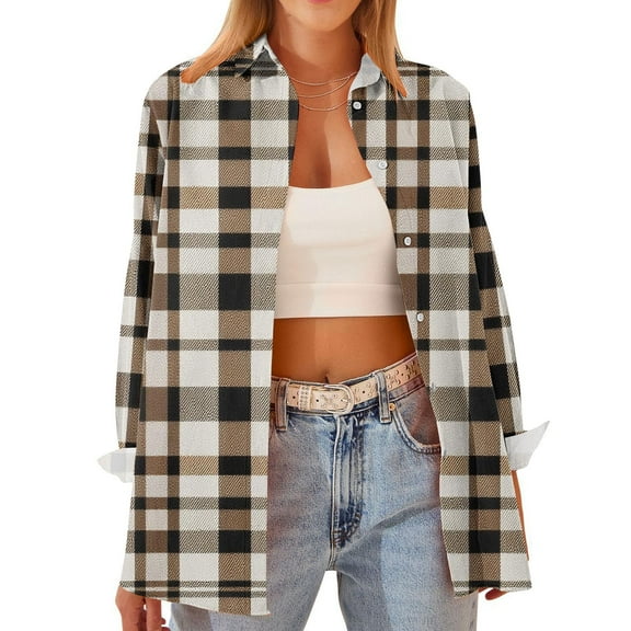 VgaVtl Plaid Women Shirts Long Sleeve Collared Ladies Plus Size Tops Office Regular Button Down Casual Brown Shirts,S