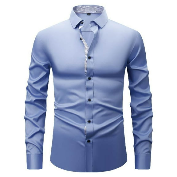 VgaVtl Plain Men's Long Sleeve Shirt Dress Shirts Turn Down Collar Mens Shirts Office Slim Casual Blue Breathable Button Shirts