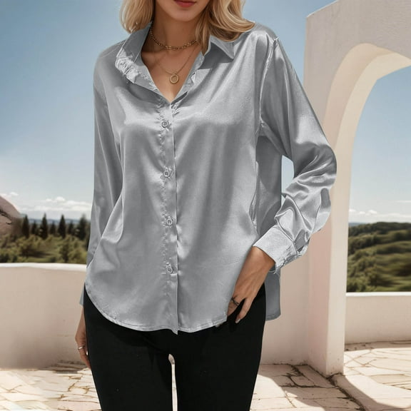 VgaVtl Plus Size Shirts for Women Collared Fall Winter Long Sleeve Womens Top Button Down Gray Loose Leisure Plain Party Shirts,M