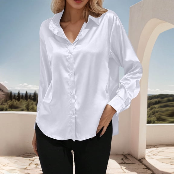 VgaVtl Plus Size Shirts for Women Collared Fall Winter Long Sleeve Womens Tops Casual Button Down White Holiday Shirts,S
