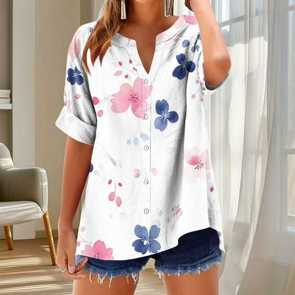 VgaVtl Plus Size Shirts for Women Short Sleeve V-Neck Womens Tops Button up Floral Camping Retro Relaxed Fit Tops,Pink XL