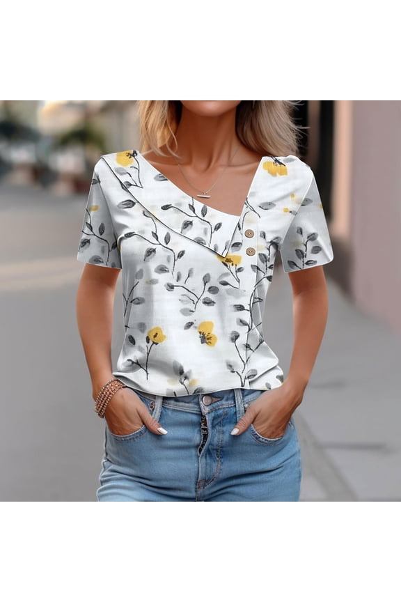 Plus Size Shirts for Women V-Neck Short Sleeve Blouse Women Slim Button Classy Floral Beach Casual Tops,Silver XXL