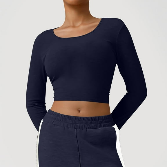 VgaVtl Plus Size Tshirts Women Long Sleeve Cropped Tops for Women Plain Casual Fitness Blue Slim Shirts,M