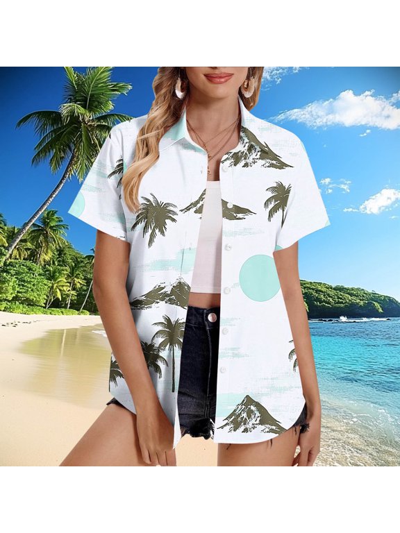 Plus Size Womens Shirts Collared Short Sleeve Women Blouses Lapel Graphic Regular Camping Button up Casual Tops,Blue M
