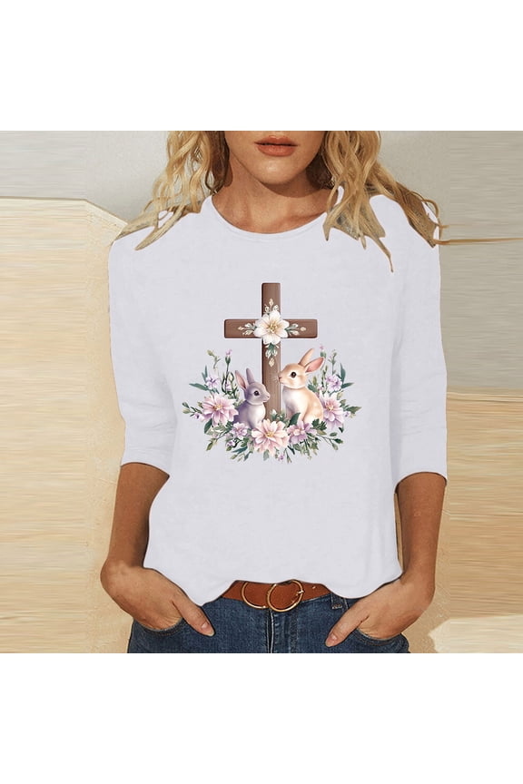 Plus Size Womens Shirts Easter Graphic 3/4 Sleeve Plus Size Tops for Women Bottoming Vacation Regular Casual Shiny Tops,3XL