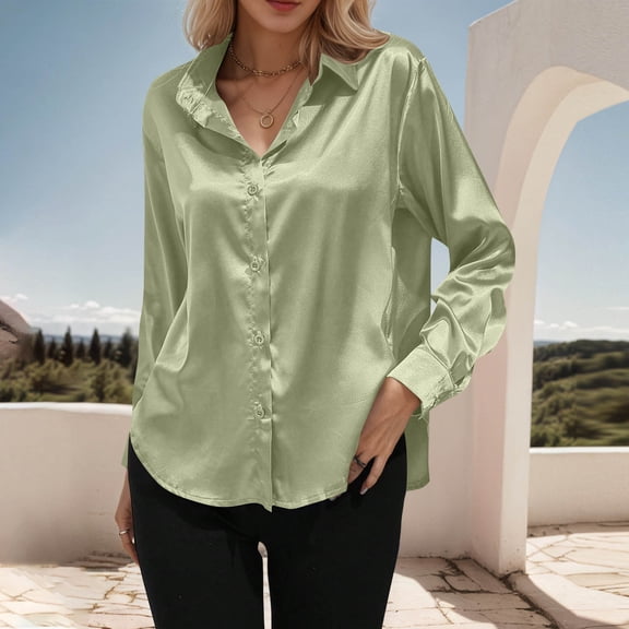 VgaVtl Plus Size Womens Shirts Fall Winter Long Sleeve Collared Tops for Women Leisure Green Plain Button Down Party Shirts,L