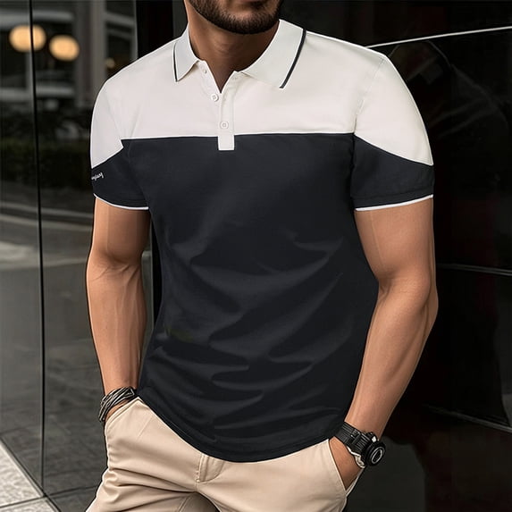 VgaVtl Polo Mens Shirts Short Sleeve Big and Tall Summer Shirts for Men Workout Button Black Solid Patchwork Shirts