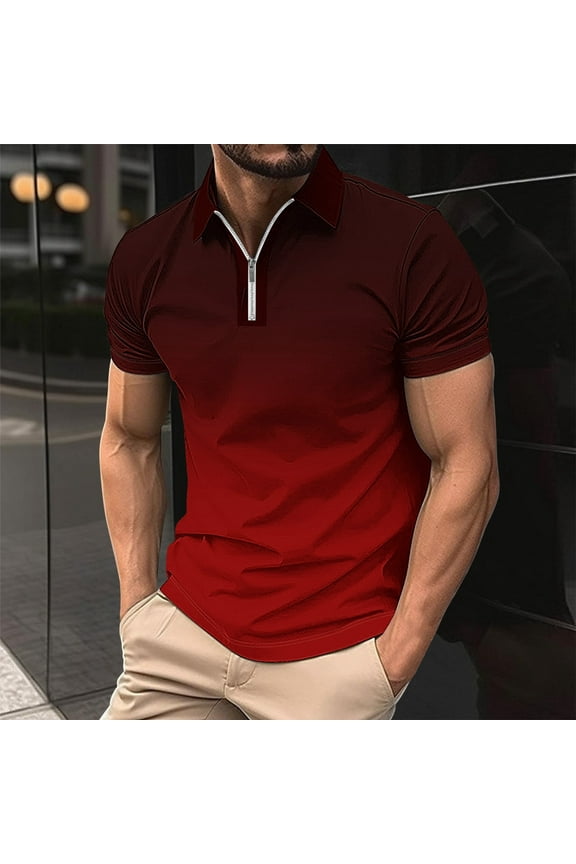 Polo Shirt Short Sleeve Men Lapel Tee Shirts for Men Pull-On Half Zip-Up Relaxed Fit Gradient Print Casual Shirts,Red M