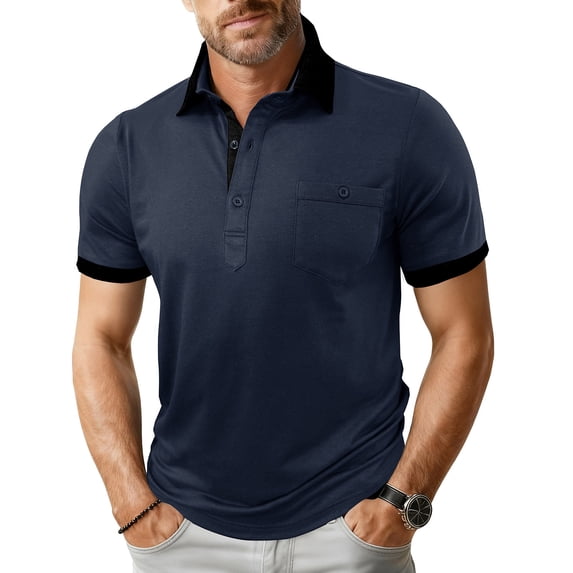 VgaVtl Polo Shirts Men Knitting Cotton Summer Short Sleeve Clothing for Men Plain Button Big and Tall Blue Office Shirts