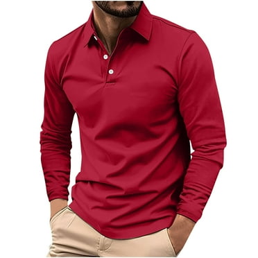 VgaVtl Polo Shirts for Men Clearance Long Sleeve Fall Mens Tops Relaxed Fit Collared Button Red Solid Shirts