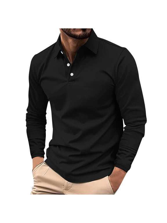 Polo Shirts for Men Fall Long Sleeve Mens Tops Solid Relaxed Fit Black Collared Button Shirts