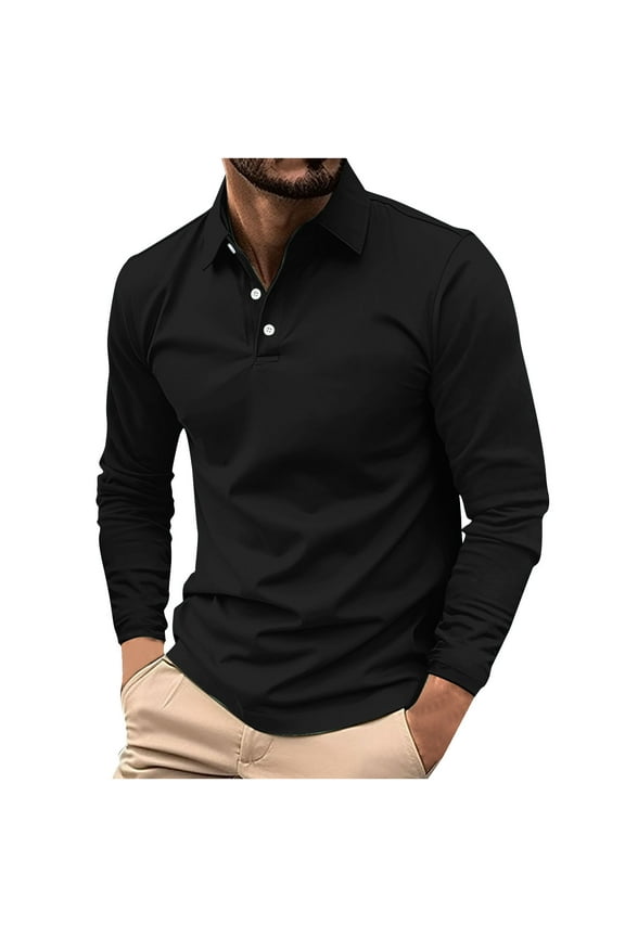 Polo Shirts for Men Under $10 Fall Long Sleeve Mens Tops Solid Relaxed Fit Black Collared Button Shirts