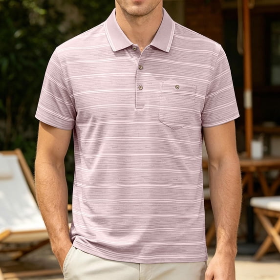 VgaVtl Polo Shirts for Men Short Sleeve Striped Summer Collared Mens Clothes Office Going Out Button Casual