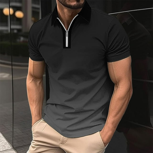 VgaVtl Polo Short Sleeve Shirts for Men Lapel Shirts for Men Gradient Print Front Zip-Up Pull-On Relaxed Fit Casual Shirts,Gray XXL