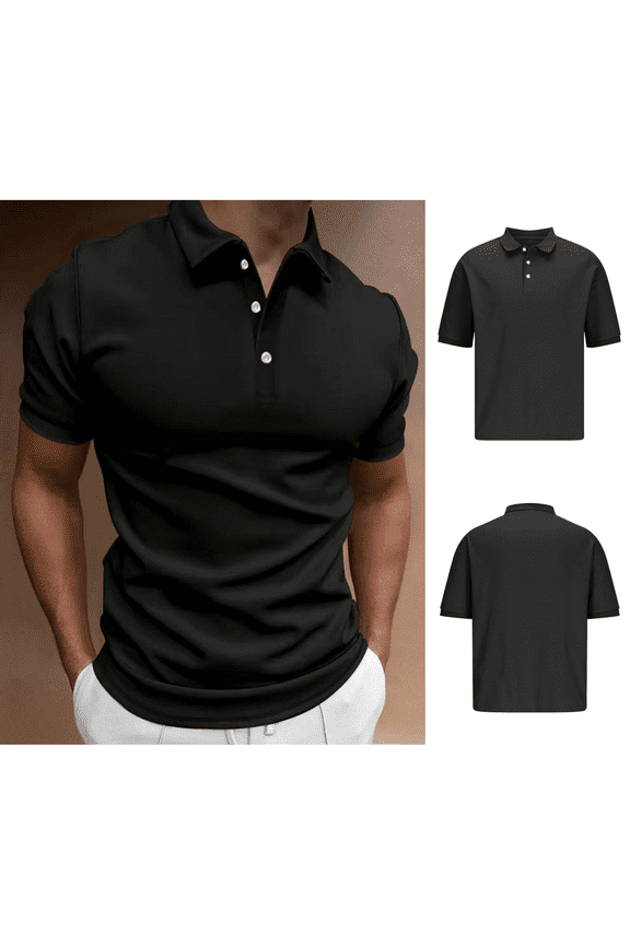 Polo Style Shirts for Men Short Sleeve Clothes for Men Lapel Regular Solid Color Pull-On Casual Shirts,Black L
