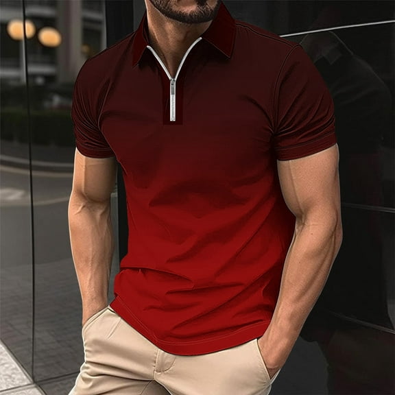 VgaVtl Polo Style Shirts for Men Short Sleeve T Shirts for Men Zip-Up Pull-On Lapel Gradient Print Casual Relaxed Fit Shirts,Red S