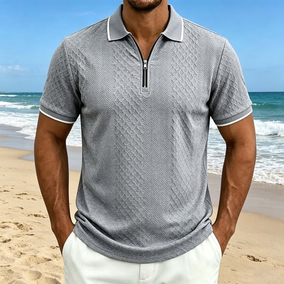 VgaVtl Polo Style Shirts for Men Summer Short Sleeve Knit Mens T Shirts Casual Zipper Solid Color Vacation Collared
