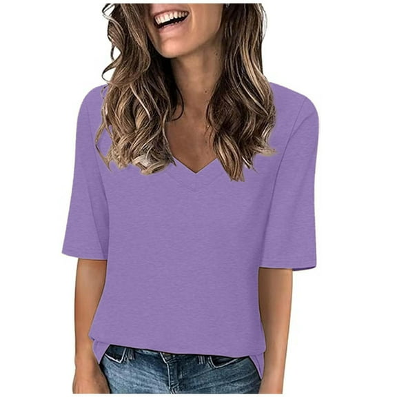 VgaVtl Purple Ladies Tops Elbow-Length T-Shirts Women Casual Solid V-Neck Loose Tops