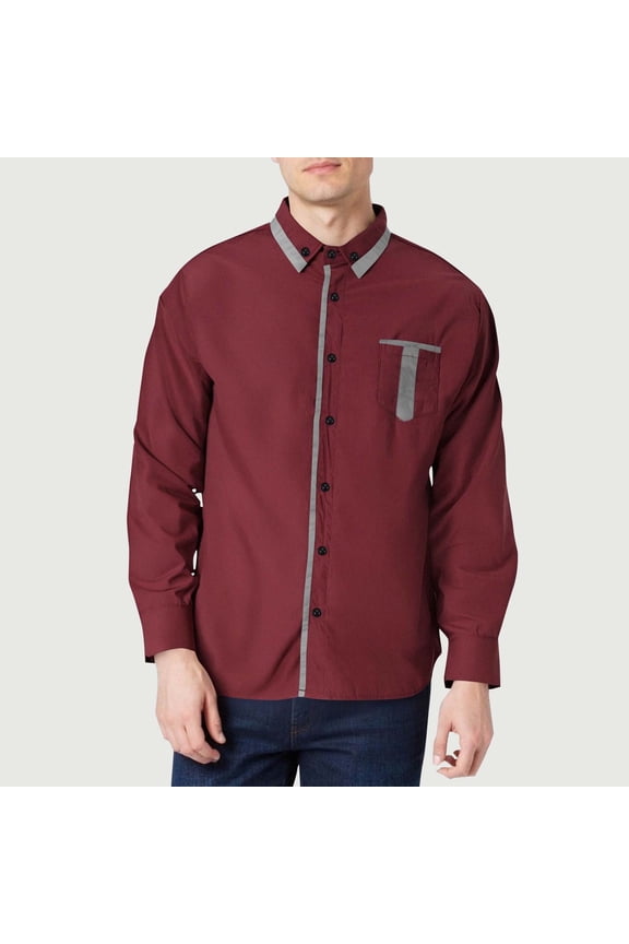 Red Men Long Sleeve Shirts Turn Down Collar Mens Clothes Work Casual Plain Loose Button Business Shirts,L