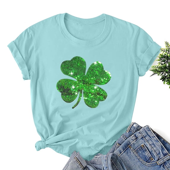 VgaVtl Sequin T-Shirt for Women Short Sleeve Graphic St. Paddy's Day Womens Tops Leisure Loose Shimmer Tops