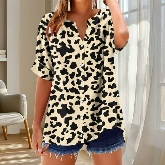 VgaVtl Shirts for Women 2025 Leopard Print Short Sleeve Plus Size Blouses for Women Holiday Dressy Loose Button up Tops,Yellow XXL
