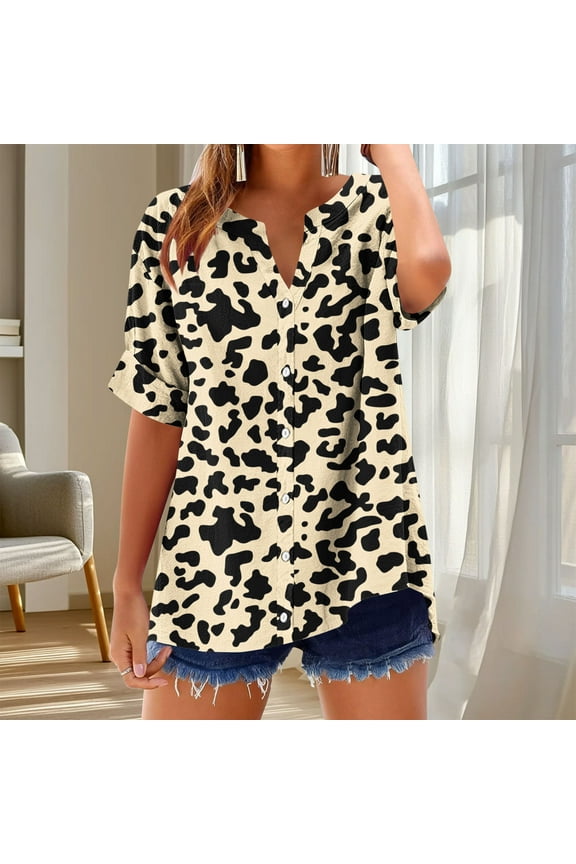 Shirts for Women 2025 Leopard Print Short Sleeve Plus Size Blouses for Women Holiday Dressy Loose Button up Tops,Yellow XXL