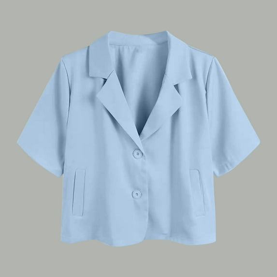 VgaVtl Shirts for Women Collared Short Sleeve Tops for Women Plus Size Plain Button Dressy Casual Regular Cropped Tops,Blue M