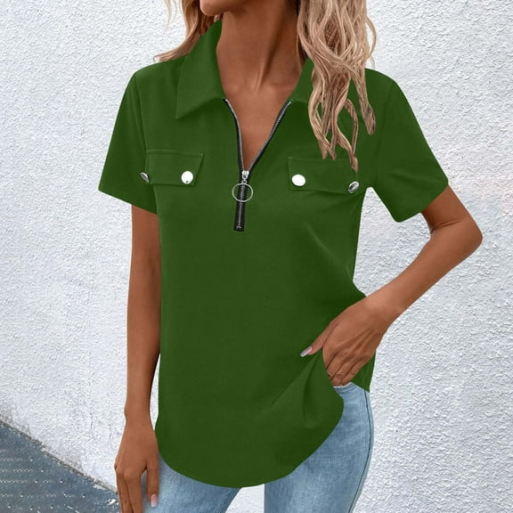 VgaVtl Shirts for Women Trendy Polo Short Sleeve Collared Women Blouses Holiday Loose Solid Color Zipper Casual Tops,Green XXL