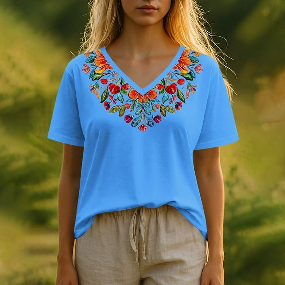 VgaVtl Shirts for Women Trendy V-Neck Short Sleeve Women's Blouse Vintage Regular Soft Casual Graphic Holiday Tops,Blue 3XL