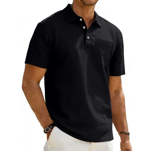 VgaVtl Short Sleeve Mens Polo Shirts Cotton Linen Summer Mens Collared Shirt Button Black Soft with Pocket Plain Shirts