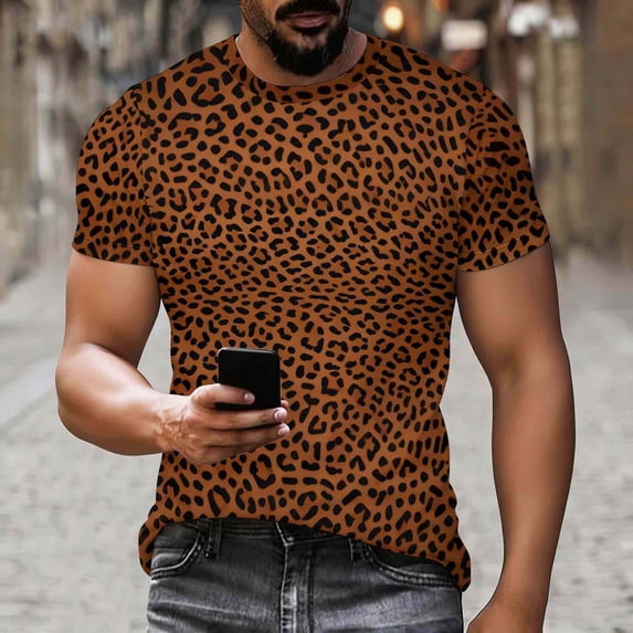 VgaVtl Short Sleeve Mens T Shirts Summer Workout Mens Clothes Layering Brown Slim Leopard Print Pullover Tops