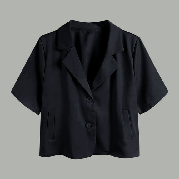 VgaVtl Short Sleeve Plus Size Womens Shirts Collared Blouse Women Cropped Plain Regular Dressy Button Casual Tops,Black S