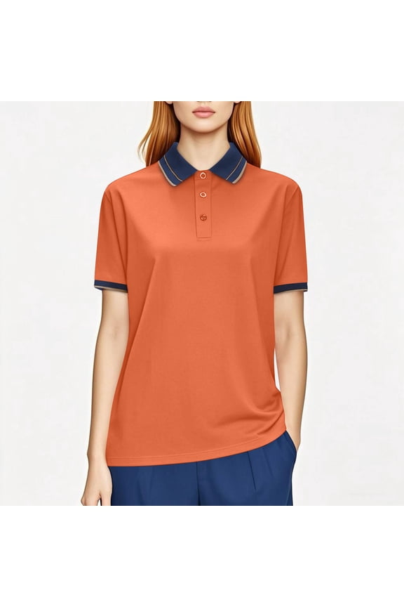 Short Sleeve Plus Size Womens Shirts Polo Collared Womens Tops Solid Color Button Casual Loose Workout Tops,Orange 3XL