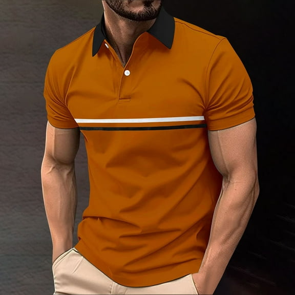 VgaVtl Short Sleeve Polo Shirt Men Summer T Shirts for Men Plain Button Leisure Striped Regular Shirts,Brown XL