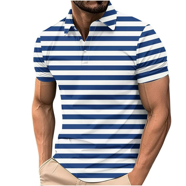 VgaVtl Short Sleeve Polos for Men Dressy Clothing for Men with Button Regular Collared Striped Classic Shirts,L