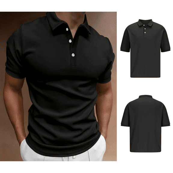VgaVtl Short Sleeve Shirts for Men Polo Lapel Mens Clothes Regular Casual Pull-On Solid Color Shirts,Black M