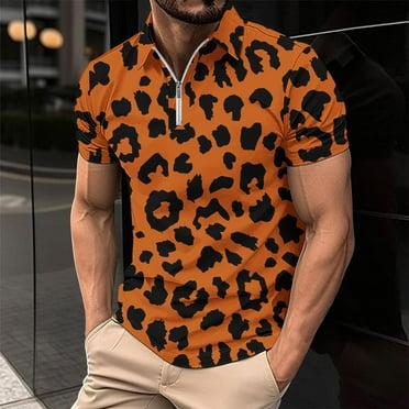 VgaVtl Short Sleeve Shirts for Men Polo Leopard Print Tee Shirts for Men Casual Regular Pull-On Half Zipper Holiday Shirts,Orange XL