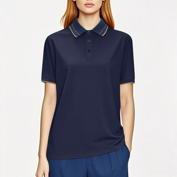 VgaVtl Short Sleeve Shirts for Women 2025 Polo Collared Blouses for Women 2025 Solid Color Button Loose Workout Casual Tops,Blue M