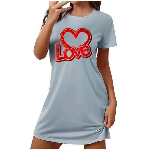 VgaVtl Short Sleeve Sleep Shirts for Women Gray Plus Size Nightgowns for Women Soft Valentines Day Print Holiday Nightgowns