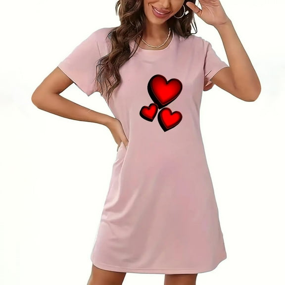 VgaVtl Short Sleeve Sleepshirt for Women Pink Plus Size Nightgowns for Women Heart Print Lovely Breathable Regular Nightgowns