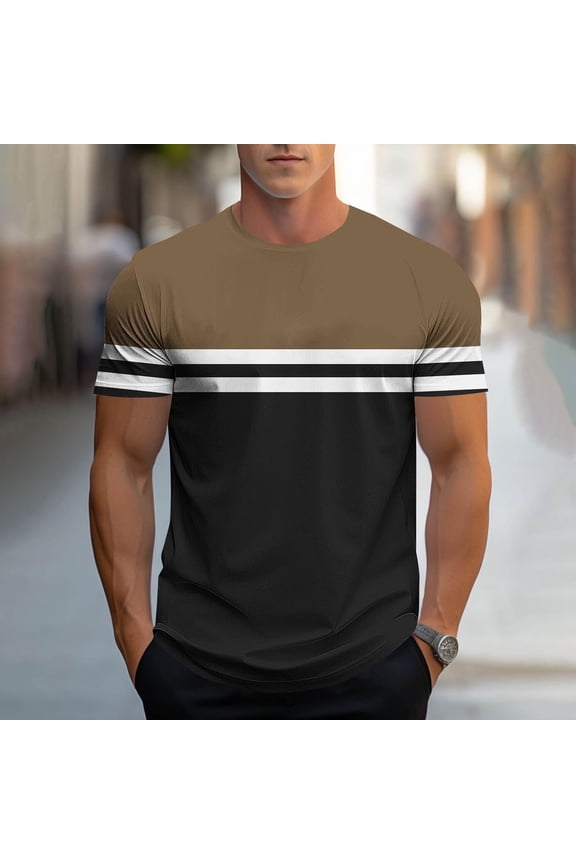 Short Sleeve T Shirt Men Summer Big and Tall Shirts for Men Loose Running Basic Striped Brown Casual Tops