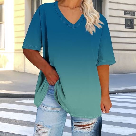 VgaVtl Short Sleeve Tshirts Shirts for Women V-Neck Ladies Tops Loose Casual Party Soft Gradient Print Sports Shirts,Blue 5XL