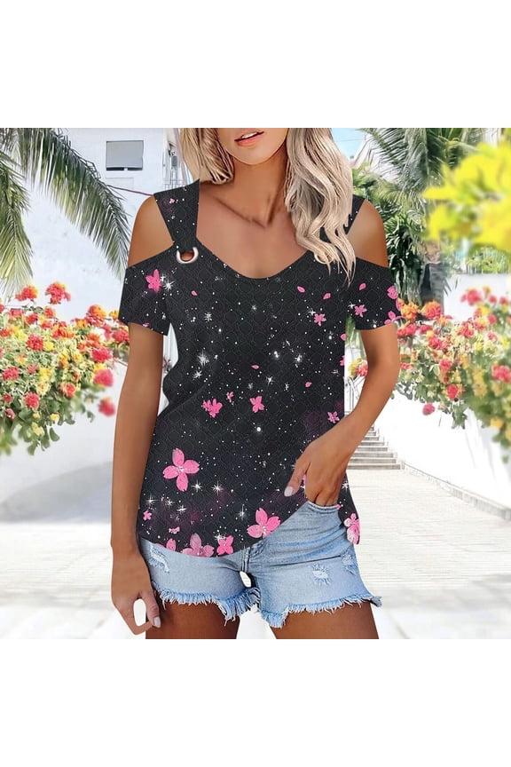 Short Sleeve Women Shirts V-Neck Cold Shoulder Ladies Plus Size Tops Fancy Casual Beach Regular Floral Tops,Black M