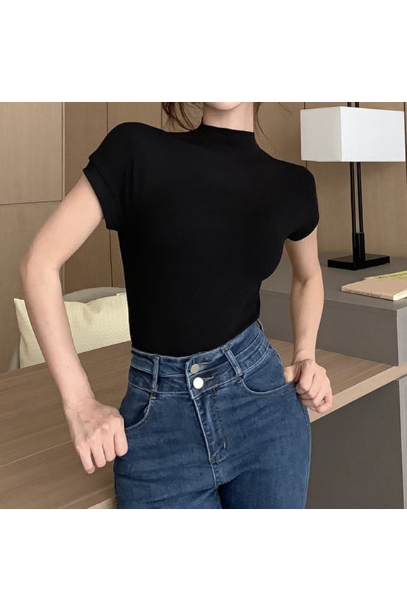 Short Sleeve Women T Shirts Turtleneck Womens Top Layering Workout Plain Tight Basic Leisure Shirts,Black XL