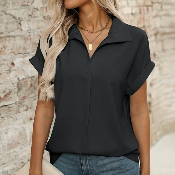VgaVtl Short Sleeve Women's Shirts Collared Polo Blouse Women Basic Loose Casual Plain Everyday Tops,Black XXL