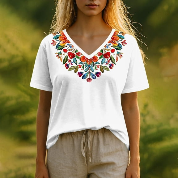 VgaVtl Short Sleeve Women's Shirts V-Neck Womens Tops Soft Casual Vintage Graphic Regular Holiday Tops,White XL