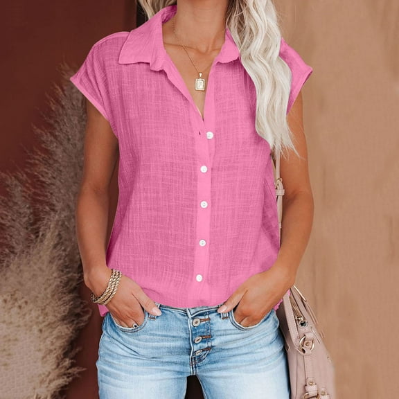VgaVtl Short Sleeve Womens Under $10 Pink Lapel T-Shirt Loose Casual Solid Tops