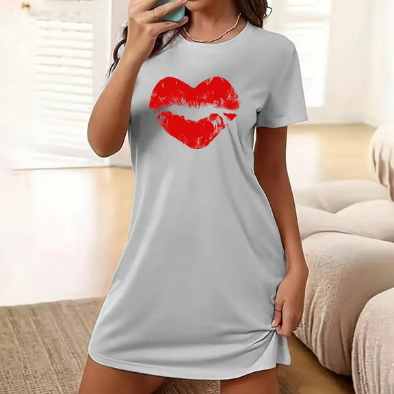 VgaVtl Short Sleeve Womens Plus Size Sleep Shirts Gray Sleepwear for Women Holiday Soft Love Print Relaxed Fit Nightgowns