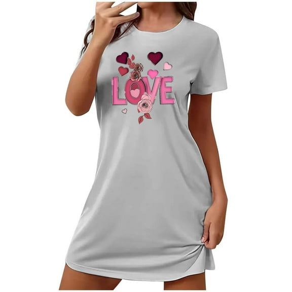 VgaVtl Short Sleeve Womens Plus Size Sleep Shirts Gray Womens Plus Size Nightgowns Breathable Valentines Day Print Nightgowns